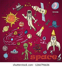 vector colored childrens drawings on the theme of space, science and the emergence of life on earth, UFO's, planets technique of reproduction, the universe, Doodle style, each drawing 