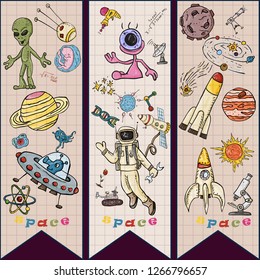 vector colored childrens drawings on the theme of space, science and the emergence of life on earth, UFO's, planets technique of reproduction, the universe, Doodle style, each drawing 
