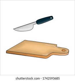 Vector colored chopping board and knife. Kitchen tool icon isolated on white background. Cartoon style cooking equipment. Dinnerware vector illustration