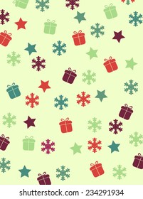 Vector Colored Christmas Background. Colored Christmas symbols. Stars, gifts and snowflakes background. Wrapping paper for Christmas Presents.