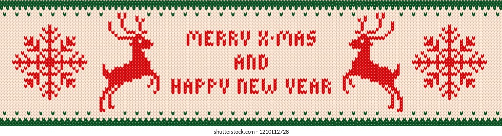 Vector colored Christmas knitted banner with deers, ornament, snowflakes