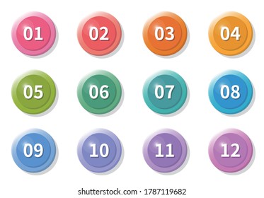 Vector colored circle button graphic, icon, box, 1 to 12, item, set