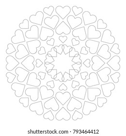 vector colored circular round loving cute mandala with hearts - adult coloring book page