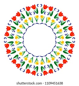 vector colored circular round spring mandala with flowers - adult coloring book page - red tulip, yellow daffodil and blue ornament
