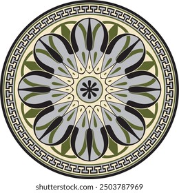 Vector colored classic Greek round ornament. Circle of Ancient Greece and the Roman Empire. Byzantine painting of walls, floors and ceilings. Decoration of European palaces.
