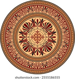 Vector colored classic Greek round ornament. Circle of Ancient Greece and the Roman Empire. Byzantine painting of walls, floors and ceilings. Decoration of European palaces.
