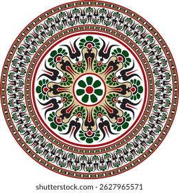Vetor colorido clássico grego ornamento redondo. Círculo da Grécia Antiga e do Império Romano. Pintura bizantina de paredes, pisos e tetos. Decoração de palácios europeus.

