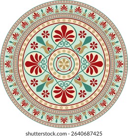 Vector colored classic Greek round ornament. Circle of Ancient Greece and the Roman Empire. Byzantine painting of walls, floors and ceilings. Decoration of European palaces.
