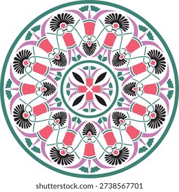 Vector colored classic Greek round ornament. Circle of Ancient Greece and the Roman Empire. Byzantine painting of walls, floors and ceilings. Decoration of European palaces.
