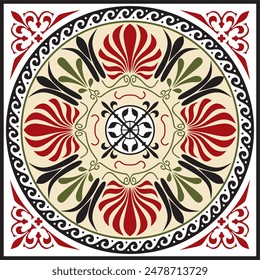 Vector colored classic Greek square ornament. Rectangle of Ancient Greece and Roman Empire. Byzantine painting of walls, floors and ceilings. Decoration of European palaces.
