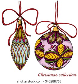 Vector colored collection of toys for Christmas tree. Hand drawn.
