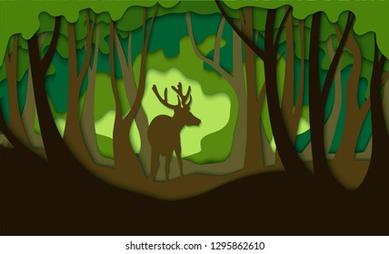 Vector colored cut out paper illustration of the summer green forest and deer silhouette wildlife landscape