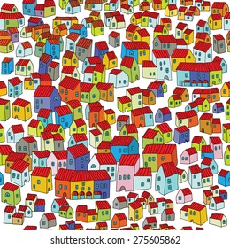 vector colored cute cartoon city with red roofs on white backdround, hand drawn little houses. eps 10
