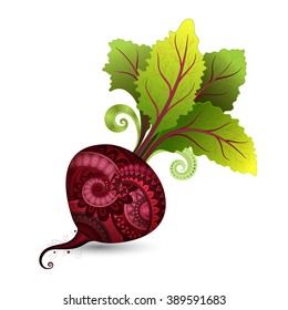 Vector Colored Decorative Beet with Top. Hand Drawn Ornate Vegetable with Beautiful Pattern