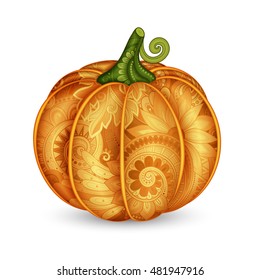 Vector Colored Decorative Pumpkin with Beautiful Pattern. Eating Plant. Thanksgiving Holiday Symbol. Halloween Decorations