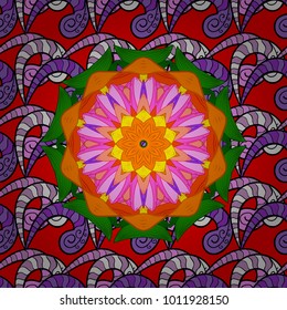 Vector colored design abstract mandala sacred geometry illustration on a red, black and violet colors.