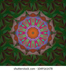 Vector colored design abstract mandala sacred geometry illustration on a green, brown and orange colors.