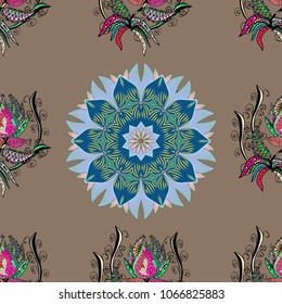Vector colored design abstract mandala sacred geometry illustration on a beige, blue, black, green and neutral colors.
