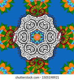 Vector colored design abstract mandala sacred geometry illustration on a blue, white and green colors.