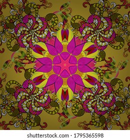 Vector colored design abstract mandala sacred geometry illustration on a black, yellow and magenta colors.