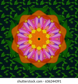 Vector colored design abstract mandala sacred geometry illustration on a blue background.