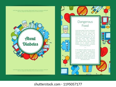 Vector colored diabetes icons card or flyer template of set illustration