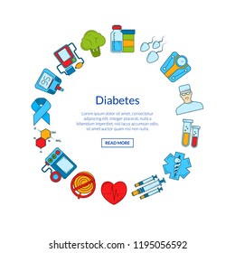 Vector colored diabetes icons in circle shape with place for text illustration isolated on white
