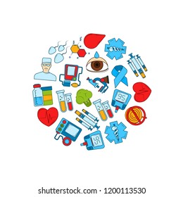 Vector colored diabetes icons in circle shape illustration isolated on white background