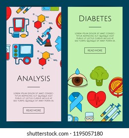 Vector colored diabetes icons web banner templates illustration. Poster analysis color