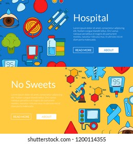 Vector colored diabetes icons web banner templates illustration. Color poster for hospital
