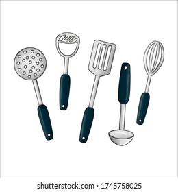 Vector colored dinnerware set. Kitchen tool icons isolated on white background. Cartoon style cooking equipment. Skimmer, potato musher, ladle vector illustration