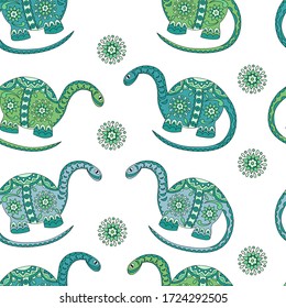 Vector colored dinosaurs seamless pattern on a white background for your creativity.