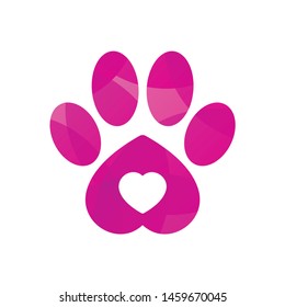 Vector colored dog or cat footprint with heart. Isolated on white background.