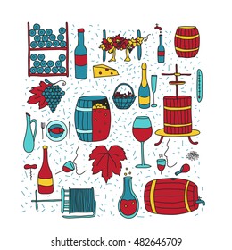 Vector colored doodle icon set. Winemaking theme: barrel, bottle, wineglass, wine, vineyard, degustetion, crushing, pressing, bottling . Doodle wine icons for polygraphy, web design, logo, app, UI.