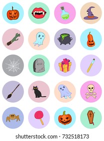 Vector colored doodle style Halloween stickers on colored circle backgrounds