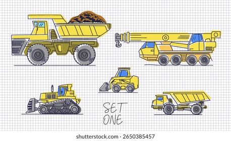 Vector colored doodles. Set of various hand drawn heavy construction vehicles. Large quarry dump truck, crane, bulldozer, mini bucket loader and dumper. Simple transport. Part 1