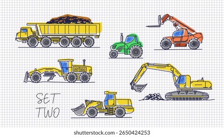 Vector colored doodles. Set of various hand drawn heavy construction vehicles. Quarry dump truck, crane forklift, agricultural tractor, grader, bucket loader and excavator. Simple transport. Part 2