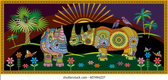 Vector colored drawing pattern two bright rhinoceros in the tropics