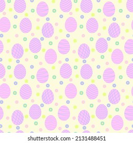 Vector colored easter eggs seamless pattern for Easter holidays on pink background. Patterns, flowers. Vector illustration. EPS 10, doodle style