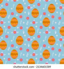 Vector colored easter eggs seamless pattern for Easter holidays on pink background. Patterns, flowers, lines, dots, stars. Vector illustration. EPS 10, doodle style