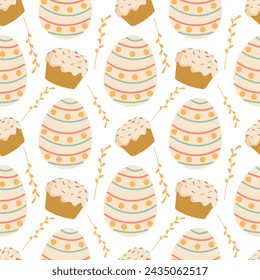 Vector colored Easter eggs seamless pattern for Easter holidays on background. Patterns, flowers, lines, dots,hearts. Vector illustration flat cartoon style. EPS 10
