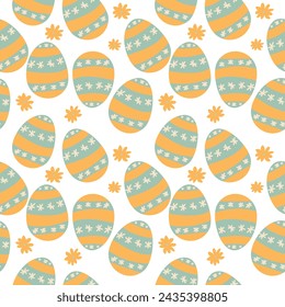 Vector colored Easter eggs seamless pattern for Easter holidays on background. Patterns, flowers, lines, dots,hearts. Vector illustration flat cartoon style. EPS 10