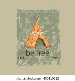 
Vector colored emblem Boho style. 
Yellow Indian wigwam on a green background