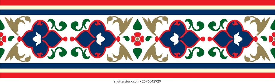 Vector colored endless turkish national ornament. Seamless ottoman border, frame. Ethnic floral pattern of Seljuk Turks. Decoration of the Sultan's palaces.
