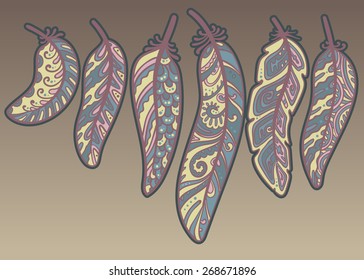 Vector colored feathers set. Bird feathers painted in colorful patterns                           