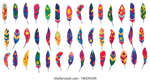 Vector colored feathers set. Bird feathers painted in colorful patterns.White background. For web design.