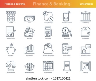 Vector colored financial linear colored icons. Accounting, money and coin, atm terminal and banking equipment in thin lines