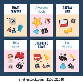Vector colored flat cinema icons card of set with place for text illustration