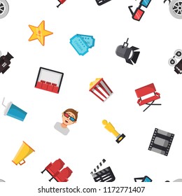 Vector colored flat cinema icons on white pattern or background illustration