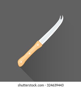 vector colored flat design bar knife wood handle forked blade tip isolated illustration gray background long shadow

